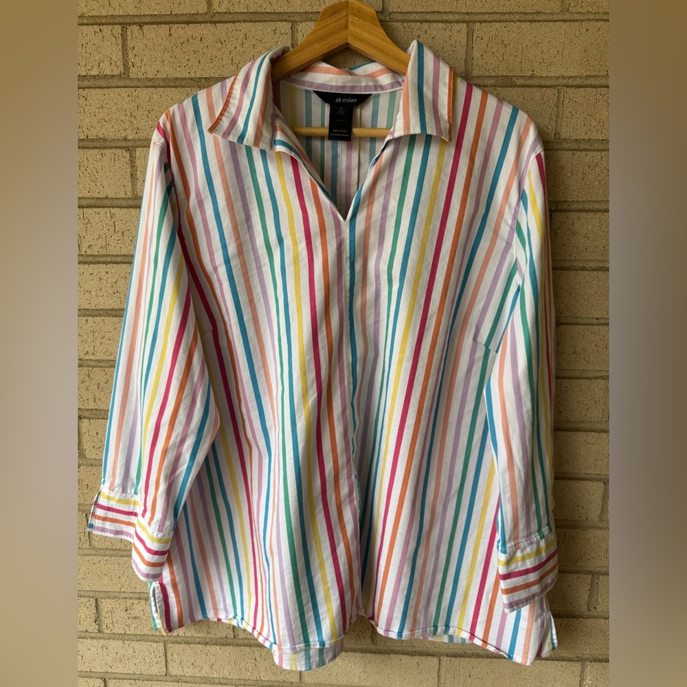 Ali Miles Rainbow Multicolor White Stripe Collared Tunic XL Art Teacher